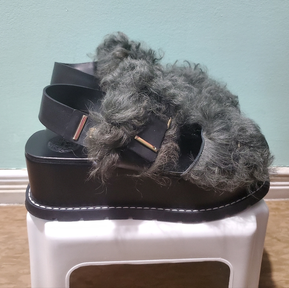 VERSACE Leather Fur Shearling Green Black Platform Clog Sandals Heels sz 41 - Picture 2 of 9